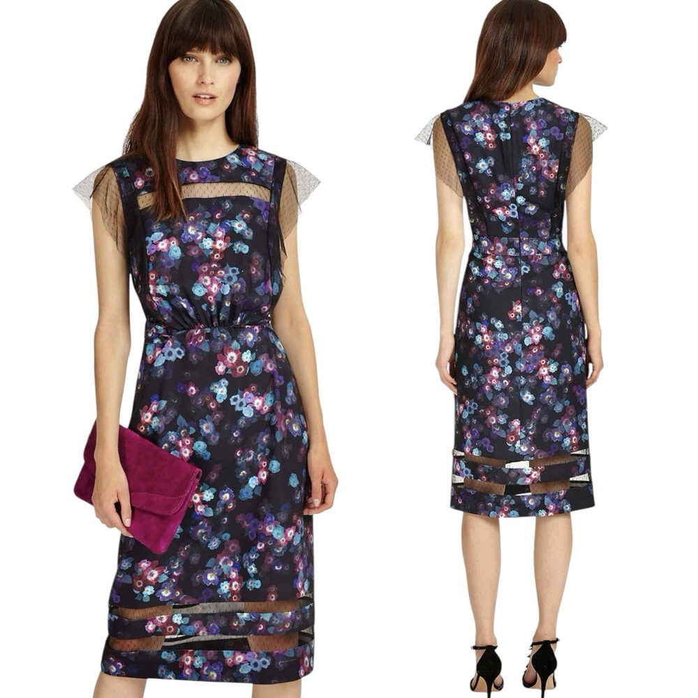 Phase Eight Kacy Black Floral Satin Sheath Dress Size 8 12 UK Special Occasion‎